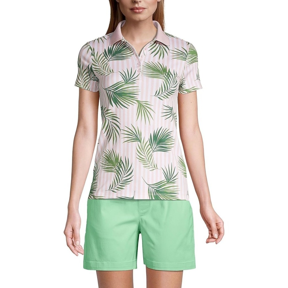 Lands' End Women's S SS Supima White & Pink Striped Palm Polo Shirt Pink NEW